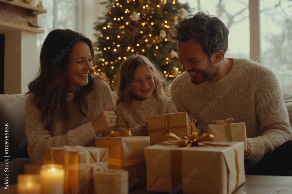 A heartwarming scene featuring a young family gathered together around beautifully wrapped gifts. A heartwarming scene featuring a young family gathered together around beautifully wrapped gifts.