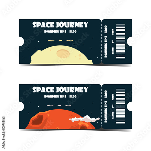 Set of vector ticket template with dark blue space background and planets. Hand drawn celestial bodies in cartoon stylization. Admission for planetarium, exhibition, show. Mars and moon in flat style