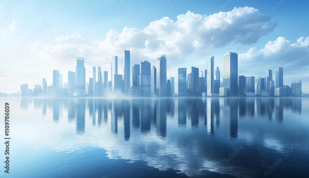 Modern City Skyline with Skyscrapers Reflecting in Calm Urban Lake, Clear Blue Sky and Fluffy Clouds, Symbolizing Growth, Innovation, and Luxury Living. Modern City Skyline with Skyscrapers Reflecting in Calm Urban Lake, Clear Blue Sky and Fluffy Clouds, Symbolizing Growth, Innovation, and Luxury Living.