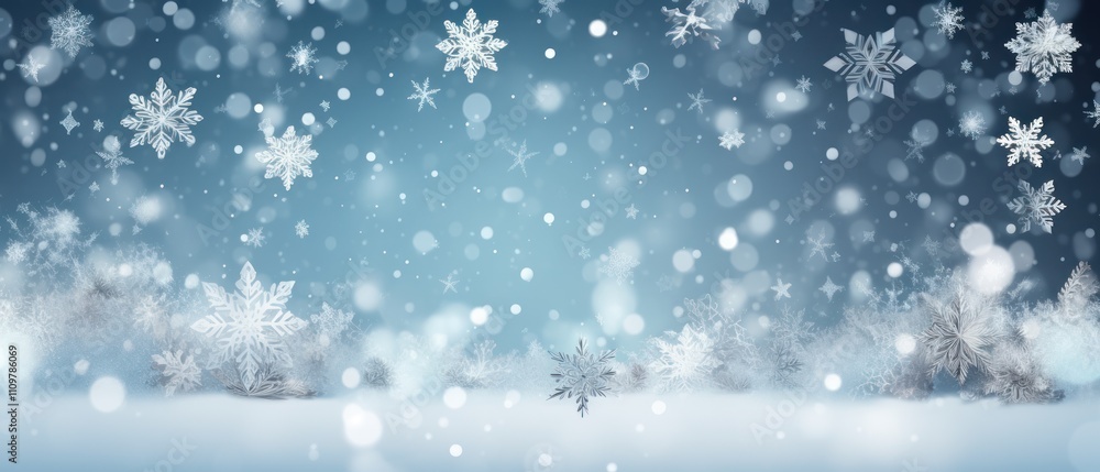 A serene winter landscape with falling snowflakes and soft lighting.