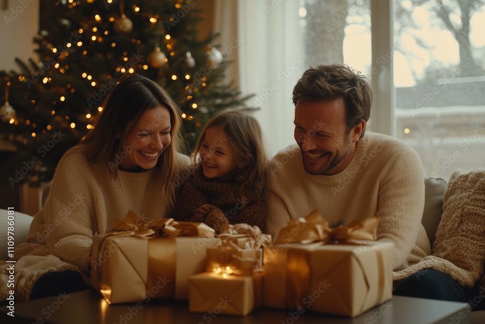 A heartwarming scene featuring a young family gathered together around beautifully wrapped gifts. A heartwarming scene featuring a young family gathered together around beautifully wrapped gifts.