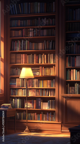 Cozy wooden library with bookshelves and a warm lamp glow.