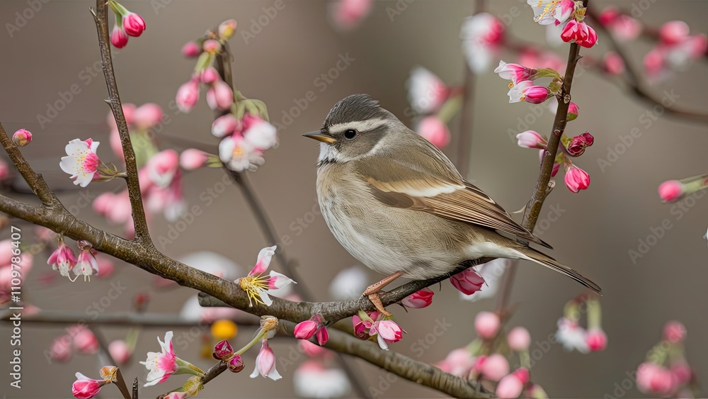 Obraz premium A delicate bird rests on a branch filled with lively pink blossoms embodying the beauty of spring in a picturesque fruit garden