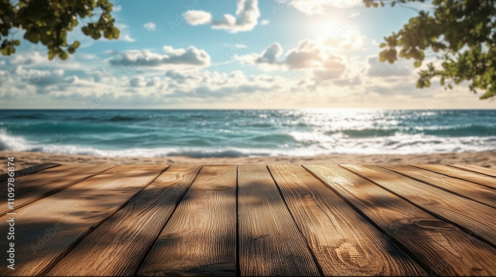 Fototapeta premium Wooden table top with a blurred tropical beach background for product display presentation