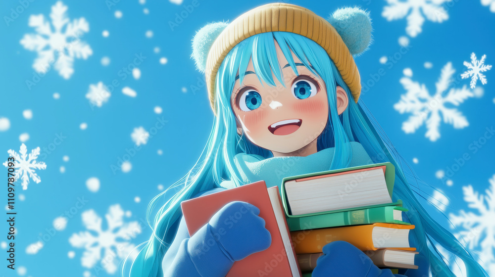Cheerful anime girl with books in a snowy scene Cheerful anime girl with books in a snowy scene