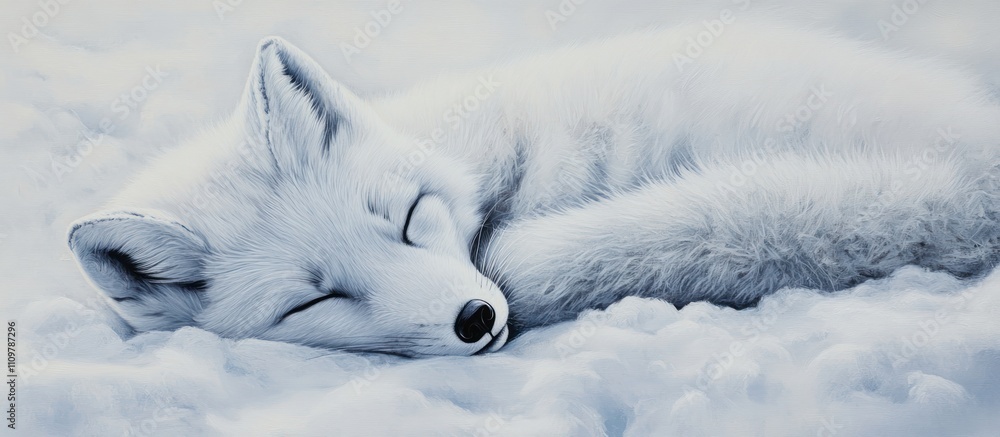 A serene, sleeping white fox nestled in soft snow. A serene, sleeping white fox nestled in soft snow.