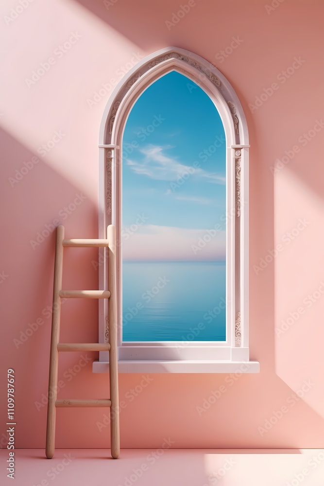 Beautiful arched window with serene ocean view and wooden ladder in a pastel room setting Beautiful arched window with serene ocean view and wooden ladder in a pastel room setting