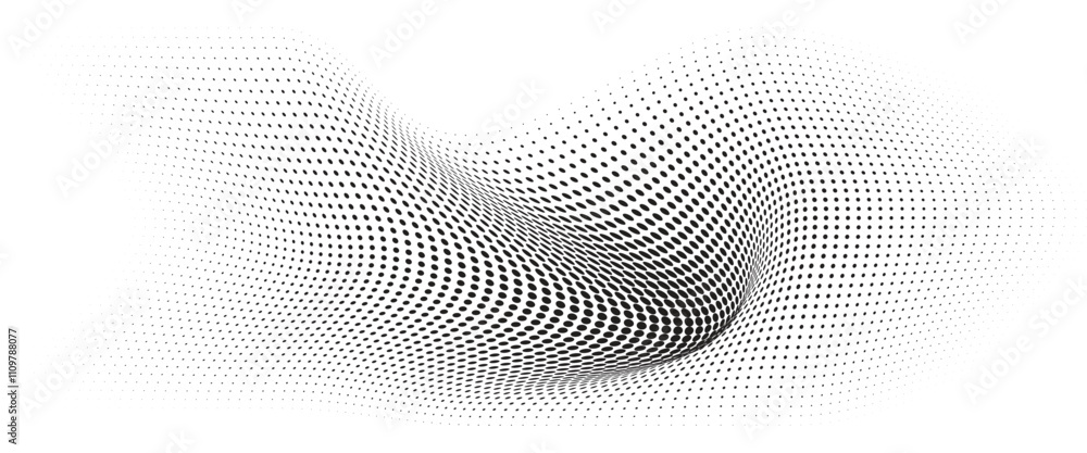 Flowing Wave Dot Halftone Pattern: Curve Gradient Shape on Transparent Background. Suitable for AI, Tech, Network, Digital, Science, and Technology Themes. Flowing Wave Dot Halftone Pattern: Curve Gradient Shape on Transparent Background. Suitable for AI, Tech, Network, Digital, Science, and Technology Themes.