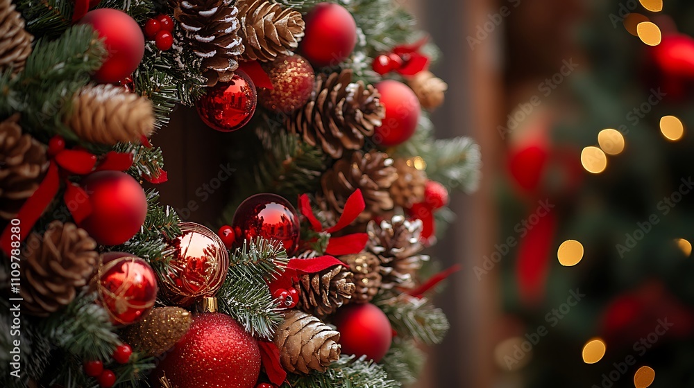 A Christmas tree wreath with cones, featuring a collection of Christmas decorations in a festive arrangement. A Christmas tree wreath with cones, featuring a collection of Christmas decorations in a festive arrangement.