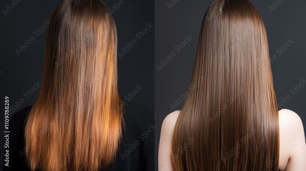 Comparison of two hairstyles showcasing hair texture and shine. Comparison of two hairstyles showcasing hair texture and shine.