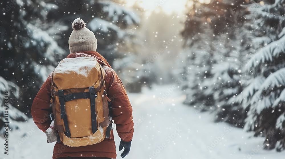 Winter Hiking Adventure. Person with backpack in snowy forest. Winter Hiking Adventure. Person with backpack in snowy forest.