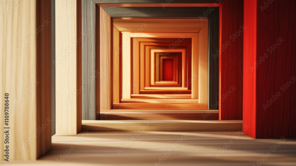 Wooden frames create dynamic tunnel effect with vibrant colors. Wooden frames create dynamic tunnel effect with vibrant colors.