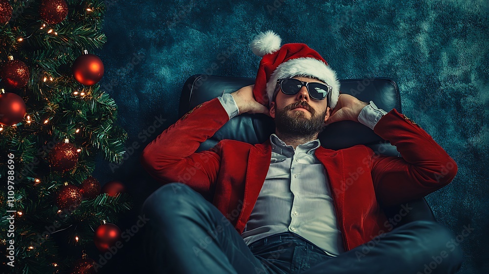 Obraz premium Relaxed Man in Santa Hat and Suit, Christmas Concept