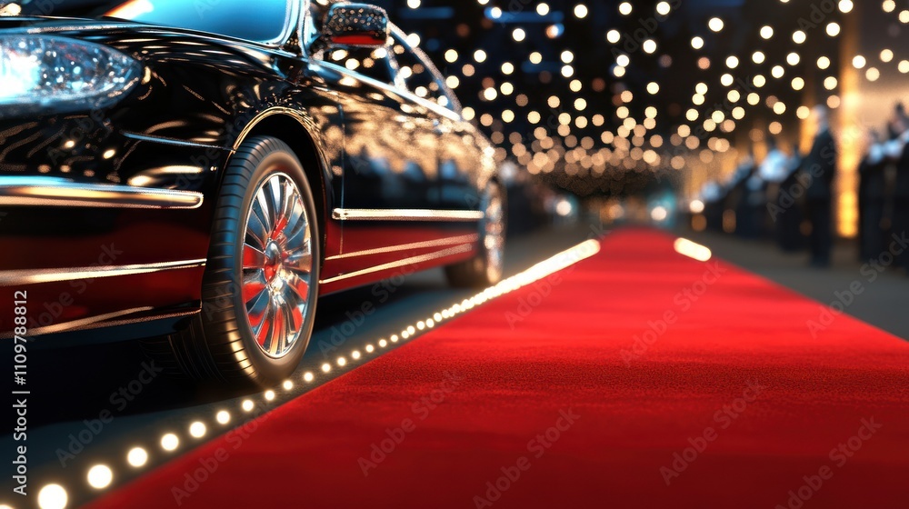 Elegant black car parked beside a red carpet with festive lights. Elegant black car parked beside a red carpet with festive lights.