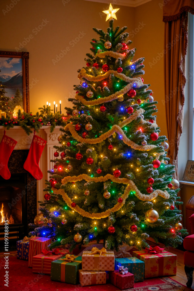Árbol de navidad junto a una chimenea Árbol de navidad junto a una chimenea