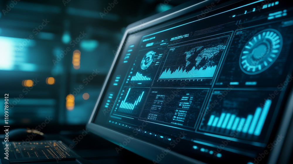 Digital dashboard displaying economic data and glowing graphs. Digital dashboard displaying economic data and glowing graphs.