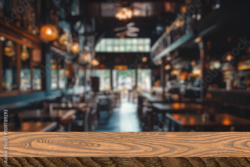 A close-up shot of a wooden table top in focus with a blurred background of warm, bokeh lights in a restaurant setting.