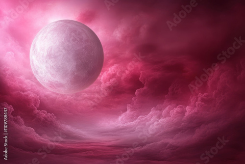 Eerie blood moon in crimson sky with dramatic clouds.