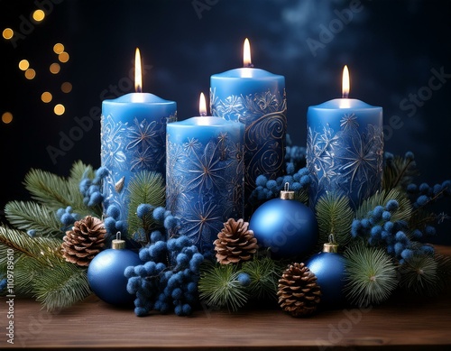 Advent Adventsgesteck mit 4 blauen Kerzen photo