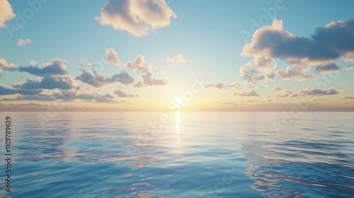 A serene sunrise over the calm ocean horizon with fluffy clouds