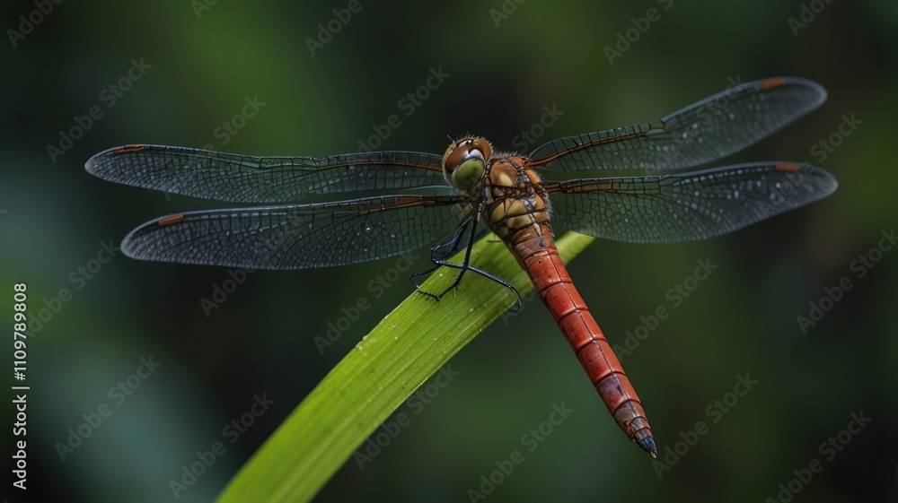 Ruddy dragonfly perched on a green leaf. Ruddy dragonfly perched on a green leaf.