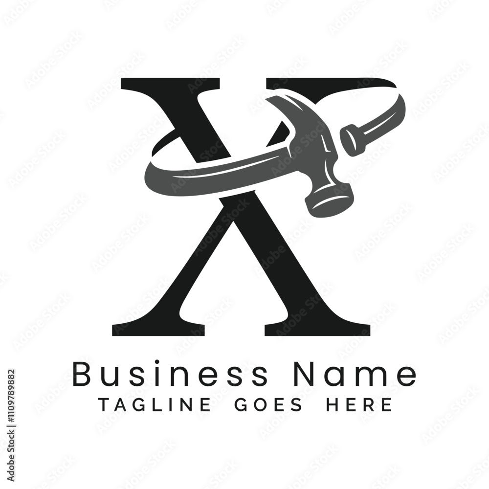 X Letter logo construction vector for woodworking company. Alphabet X hammer template illustration X Letter logo construction vector for woodworking company. Alphabet X hammer template illustration