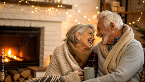 happy elderly husband and wife relaxing near fire in winter