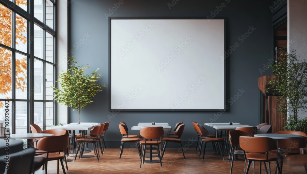 Large White Blank Board on Wall in Modern Cafe, Surrounded by Tables and Chairs, Clean and Minimalist Interior Design. Large White Blank Board on Wall in Modern Cafe, Surrounded by Tables and Chairs, Clean and Minimalist Interior Design.