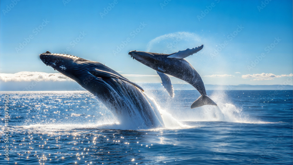 Fototapeta premium Humpback whales breaching in sparkling blue ocean