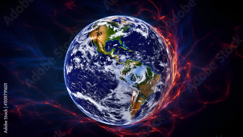 Earth surrounded by vibrant magnetic storm energy in cosmic space