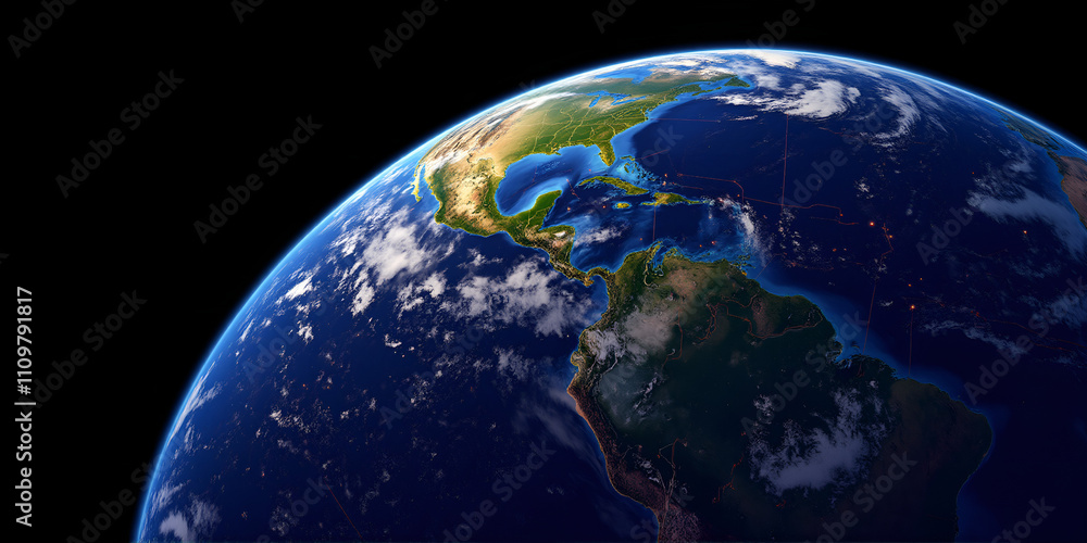 Earth from space showing Americas and oceans with bright colors and dark background Earth from space showing Americas and oceans with bright colors and dark background