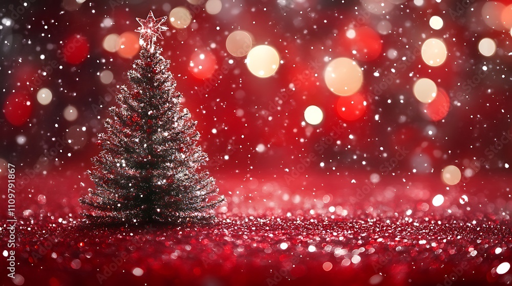 A Christmas background featuring a tree and sparkling bokeh lights on a red canvas, perfect for greeting cards. A Christmas background featuring a tree and sparkling bokeh lights on a red canvas, perfect for greeting cards.