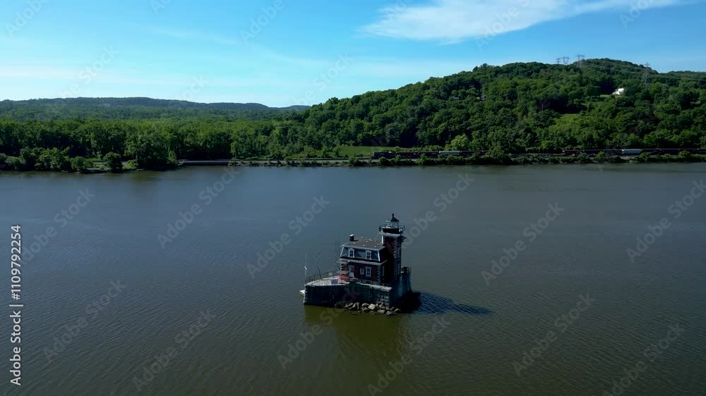 Historic New York lighthouse with mountains in the background, drone 4K Historic New York lighthouse with mountains in the background, drone 4K