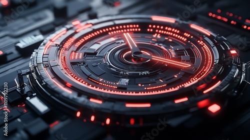 Futuristic clock with red glowing digital elements.