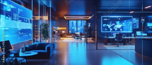 Modern office space with high-tech displays and blue lighting.