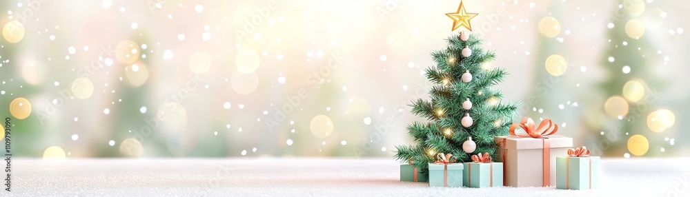Festive Christmas Tree with Ornaments and Wrapped Gifts in a Cheerful Holiday Setting with Soft Bokeh Background Festive Christmas Tree with Ornaments and Wrapped Gifts in a Cheerful Holiday Setting with Soft Bokeh Background