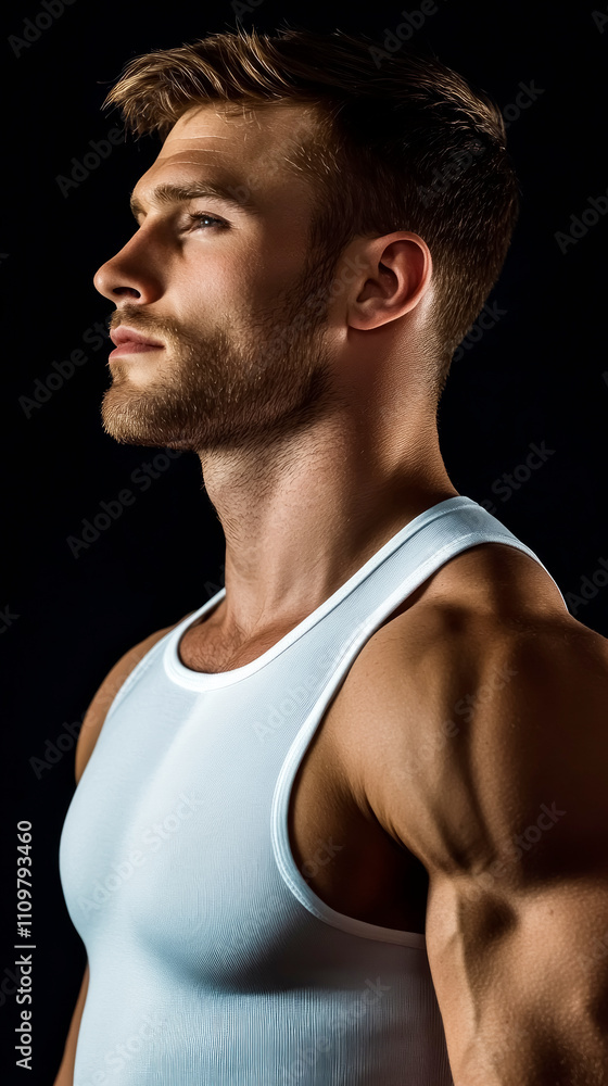 Muscular man striking a pose against a dark backdrop showcasing form and strength with soft lighting and intricate shadows Muscular man striking a pose against a dark backdrop showcasing form and strength with soft lighting and intricate shadows