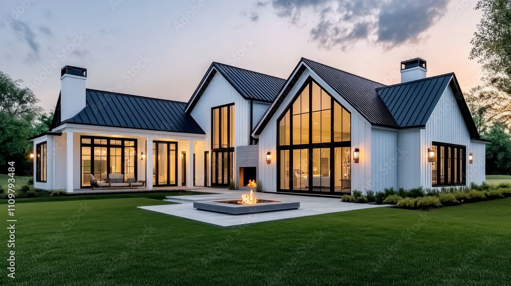 Obraz premium Modern farmhouse elegance in a suburban landscape featuring striking black and white contrasts with a cozy fire pit setting