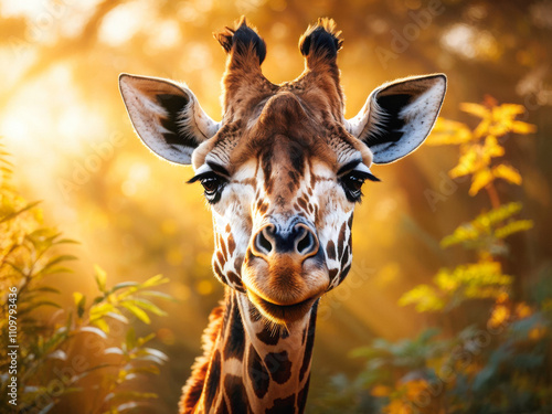 A close-up portrait of a giraffe with distinct patterned fur, illuminated by warm sunlight in a natural setting, capturing its graceful elegance. Generative AI photo