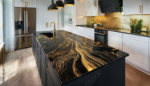 the kitchen island features a stunning black and gold epoxy resin countertop that enhances a luxurious interior