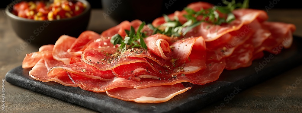 Thinly sliced prosciutto and air-dried ham layered delicately on a marble slab, prosciutto slices folded in translucent layers, delicate fat streaks running through the meat Thinly sliced prosciutto and air-dried ham layered delicately on a marble slab, prosciutto slices folded in translucent layers, delicate fat streaks running through the meat