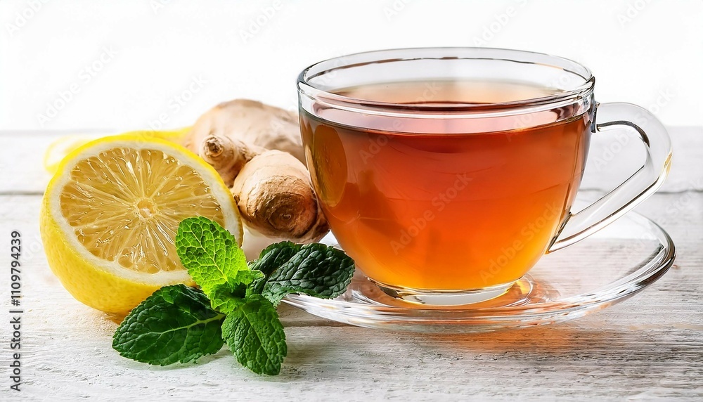 a glass cup of black natural tea with ginger lemon mint and honey isolated on wooden white rustic background healthy vitamin drink a glass cup of black natural tea with ginger lemon mint and honey isolated on wooden white rustic background healthy vitamin drink