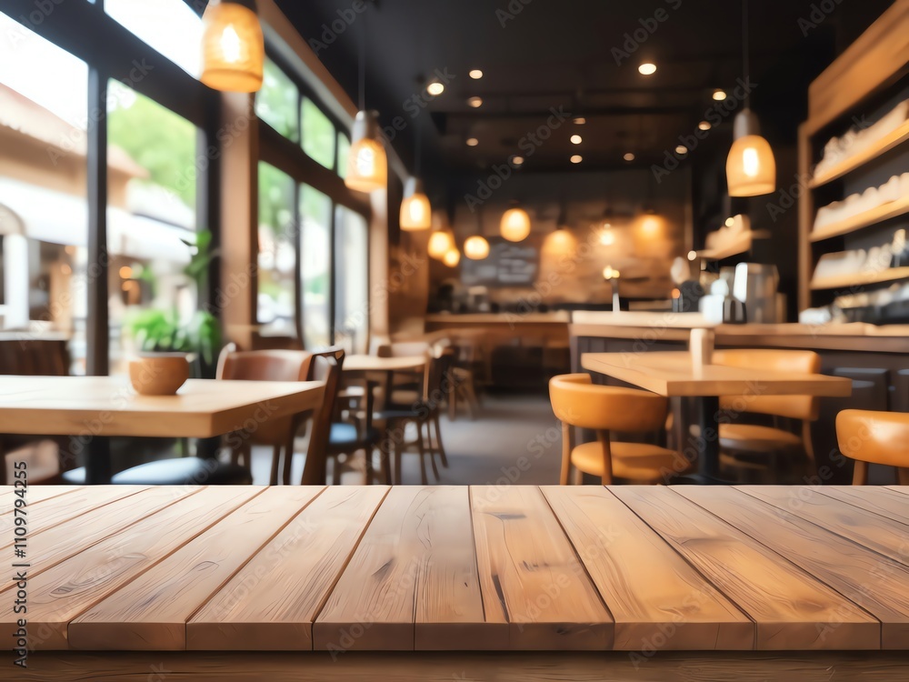 Wooden Table in a Cozy Cafe Setting Wooden Table in a Cozy Cafe Setting