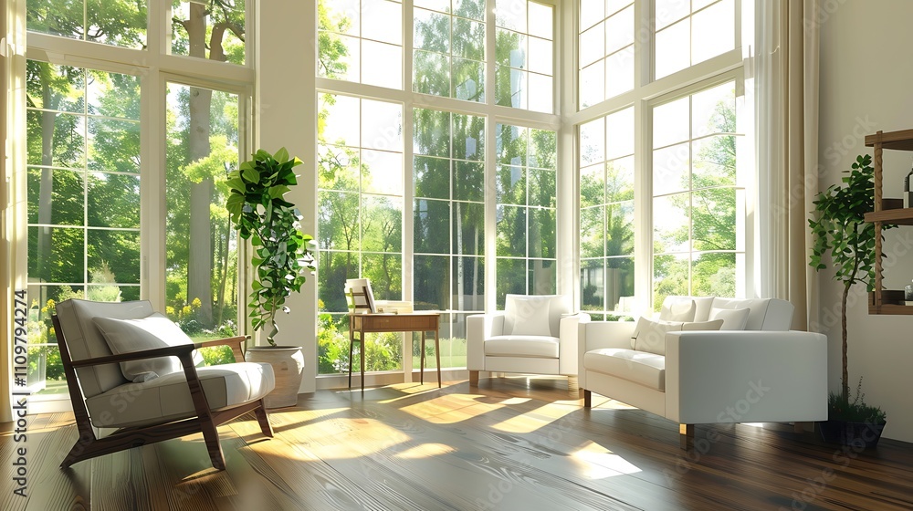 A bright living room with large windows, comfortable armchairs, and sophisticated decorative accents A bright living room with large windows, comfortable armchairs, and sophisticated decorative accents