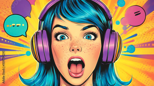 Excitement bursts as a vibrant female gamer enjoys music, showcasing colorful energy in a cartoonish setting filled with speech bubbles and dynamic backgrounds