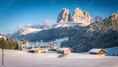 the small village in dolomites mountains in winter