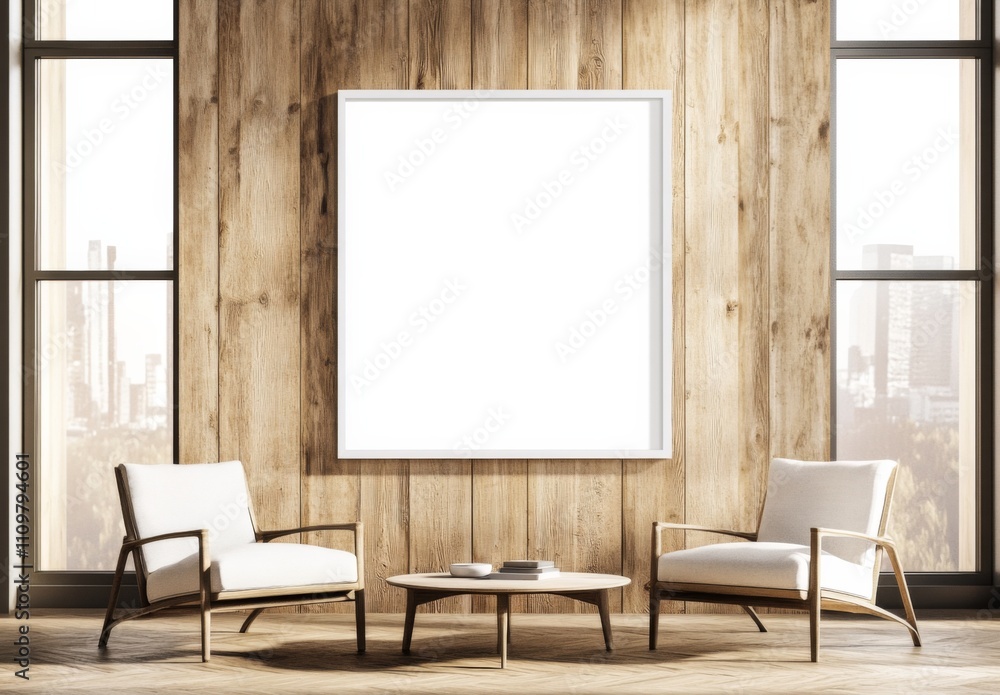 Modern Living Room with Large Wooden Wall and Blank Poster Frame Modern Living Room with Large Wooden Wall and Blank Poster Frame