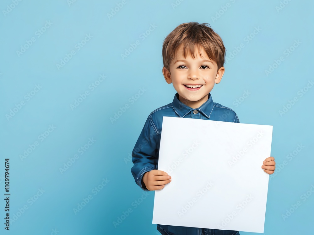 Adorable Boy Holding Blank Sign, Joyful Expression, Blue Background, Child Studio Portrait Adorable Boy Holding Blank Sign, Joyful Expression, Blue Background, Child Studio Portrait