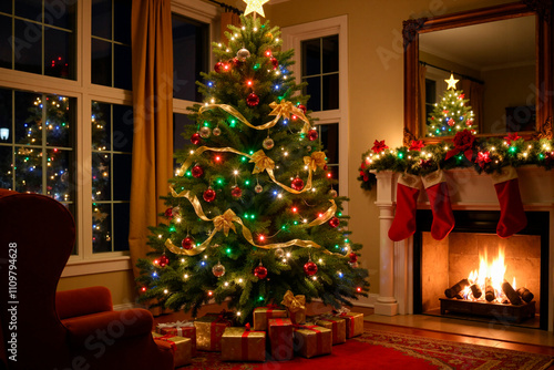 Árbol de navidad junto a una chimenea photo