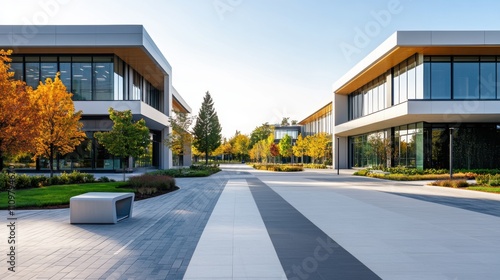 Modern architectural design featuring sleek buildings surrounded by vibrant autumn foliage and clear skies